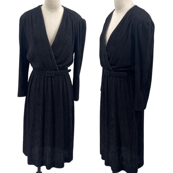 Vintage 70s 80s Rhinestone Neckline Pleated Faux Wrap Dress Belted Black - Picture 1 of 10